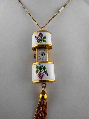 Vintage Caran Swiss Pendant Watch with Enamel Necklace